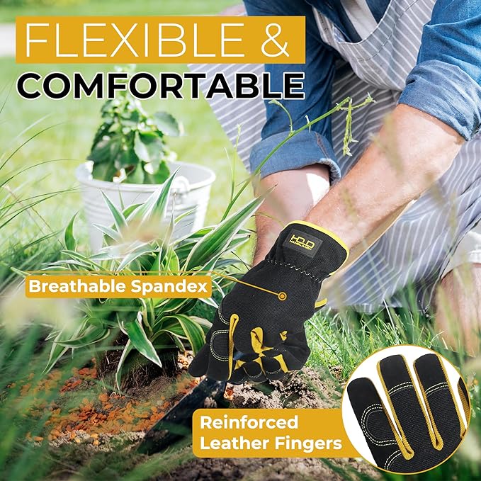 HANDLANDY Leather Work Gloves for Men & Women, Reinforced Durable Garden Gloves, Cowhide Working Glove for Gardening