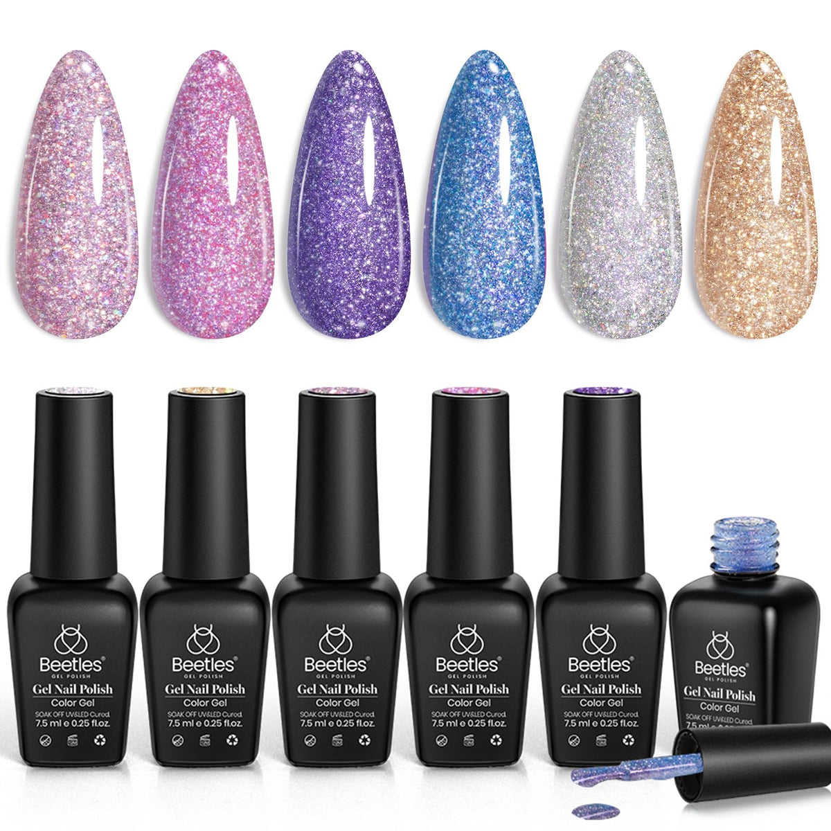 Beetles Glitter Gel Nail Polish 6Pcs: Christmas Blue Purple Pink Holographic Gel Polish Set Sparkle Gel Flash Dimond Sliver Gold
