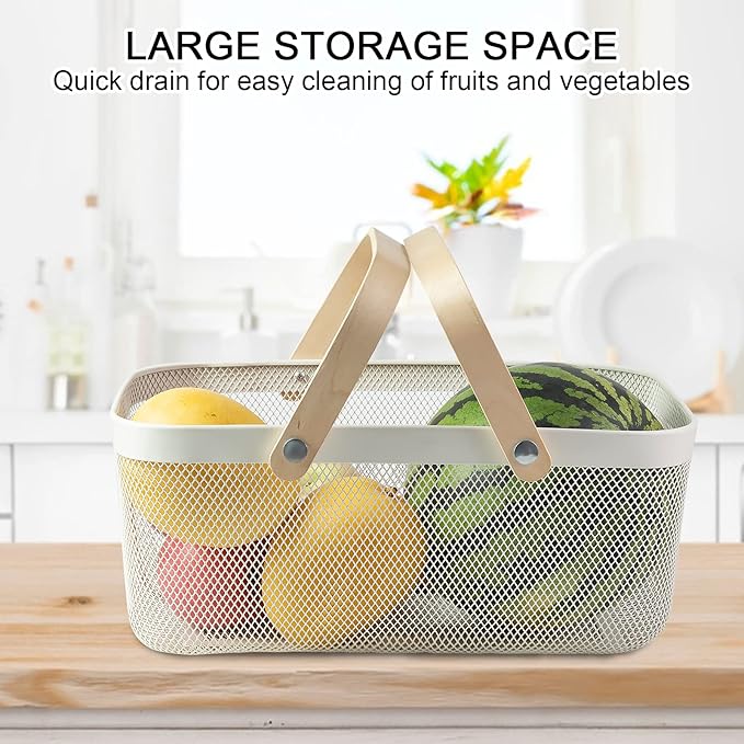 Portable Garden Harvest Basket-Mesh Design Natural Bamboo Handle Wire Storage Baskets,Mesh Basket with Handle Organize Items Reduce Space Occupation,Suitable for Kitchen,Garden,Picnic(White)