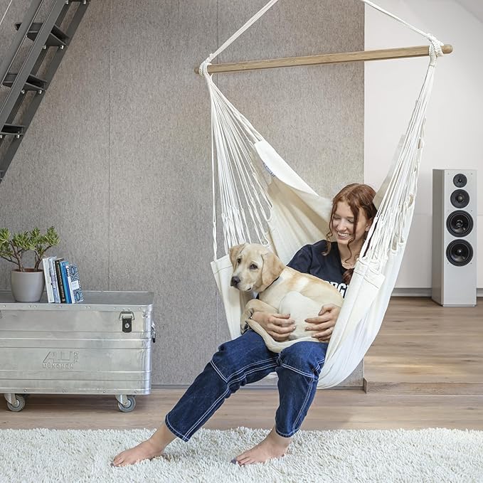 LA SIESTA - Large Comfort Habana Cotton Hammock Chair & Stand - Indoor/Outdoor Hanging Chair Swing for Bedroom, Porch, Balcony - Boho Chair - Latte
