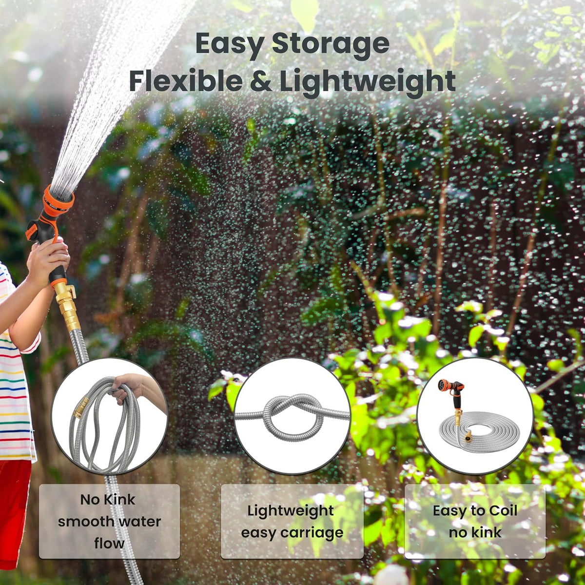 Girafe Tools Garden Hose 75ft x 5/8", 304 Stainless Steel Metal Water Hose, No Kink Garden Water Hose with 9 Pattern Spray Nozzle, Flexible, Lightweight, Kink Free Hose for Yard, Outdoor