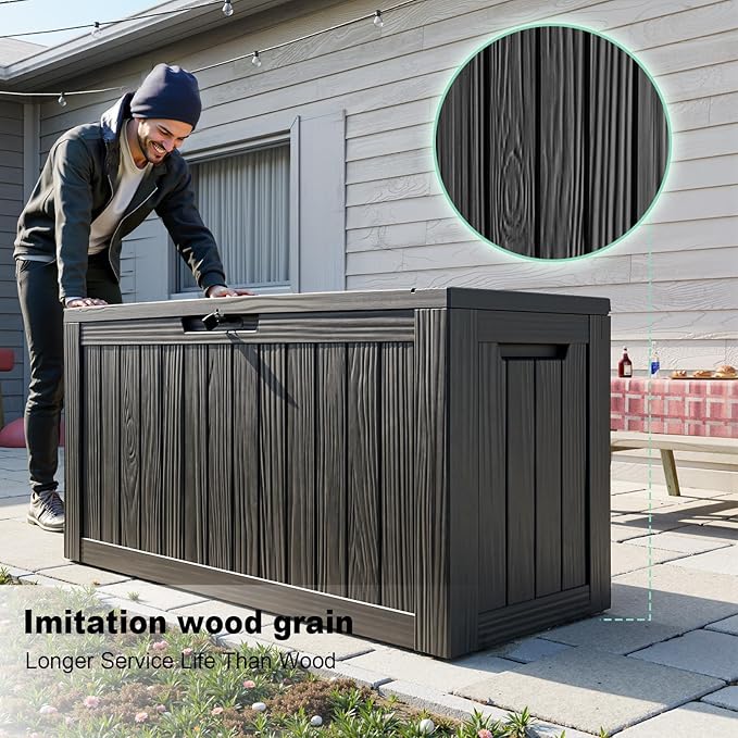 86 Gallon Outdoor Deck Box,Storage Lockable Waterproof Patio Furniture,Garden Tools,Cushions,Pool Accessories Outside Storage Resin Box(Black)