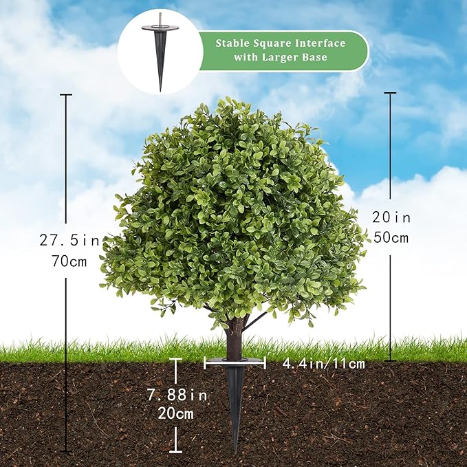 27" Tall Artificial Boxwood Ball Topiary Trees Set of 2, UV Resistant Large Faux Plants Outdoor, 2ft Fake Bushes and Shrubs Look Real with Ground Spike for Front Porch Outside Planter Backyard Decor