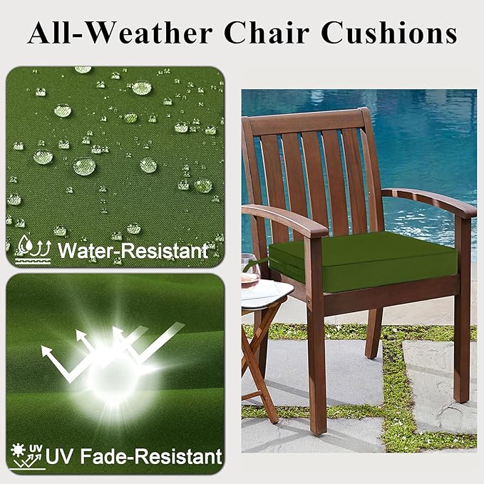 Outdoor Chair Cushions Set of 2 for Patio Furniture 18.5x16x3 Inch Waterproof Patio Chair Cushion 3 Year Color Fastness Rectangle Elastic Foam Garden Couch Pads with Ties and Handle,Green