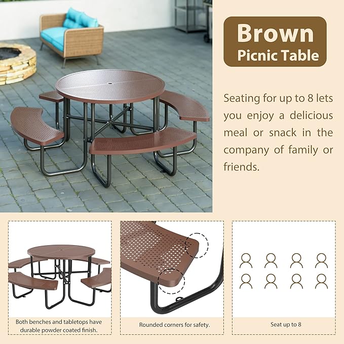46'' Steel Round Picnic Table for Outdoors, Expanded, Lifetime Picnic Table with Umbrella Hole, Heavy Duty Sturdy Commercial Picnic Tables for Garden Courtyard BBQ, Coffee