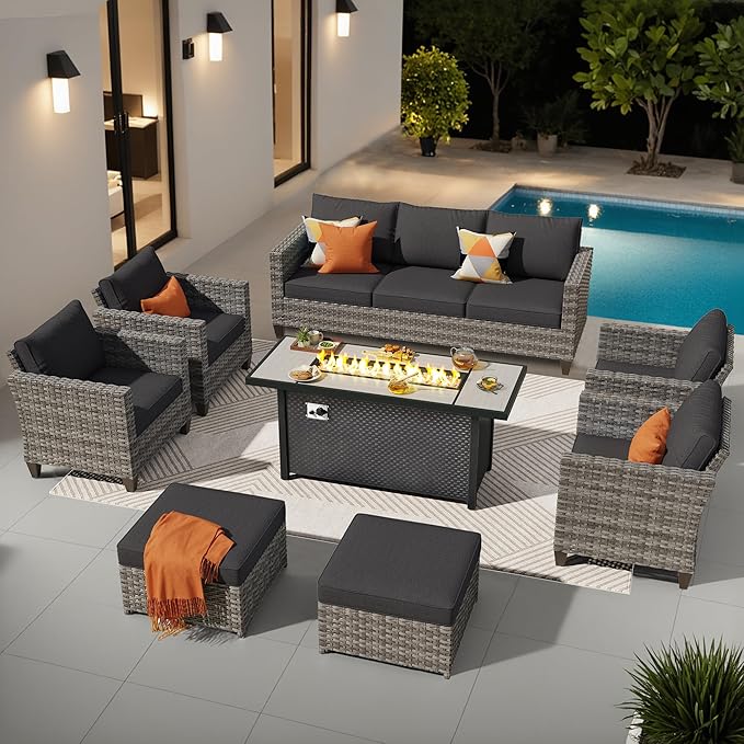ovios 8 Pieces Patio Furniture Set with 54" Fire Pit Table, Outdoor Wicker Sofa with Comfy Cushions, All Weather High Back Rattan Couch Conversation Set, Black