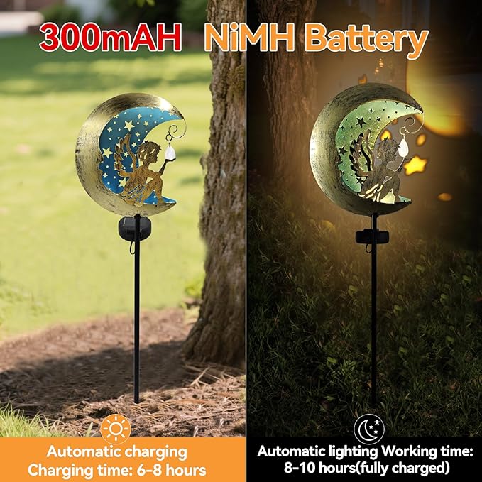 Solar Angel Moon Garden Stake Light – Outdoor Metal Yard Decoration with Crystal Pendant, Waterproof LED Light for Patio, Pathway, Lawn – Rustic Gold & Blue