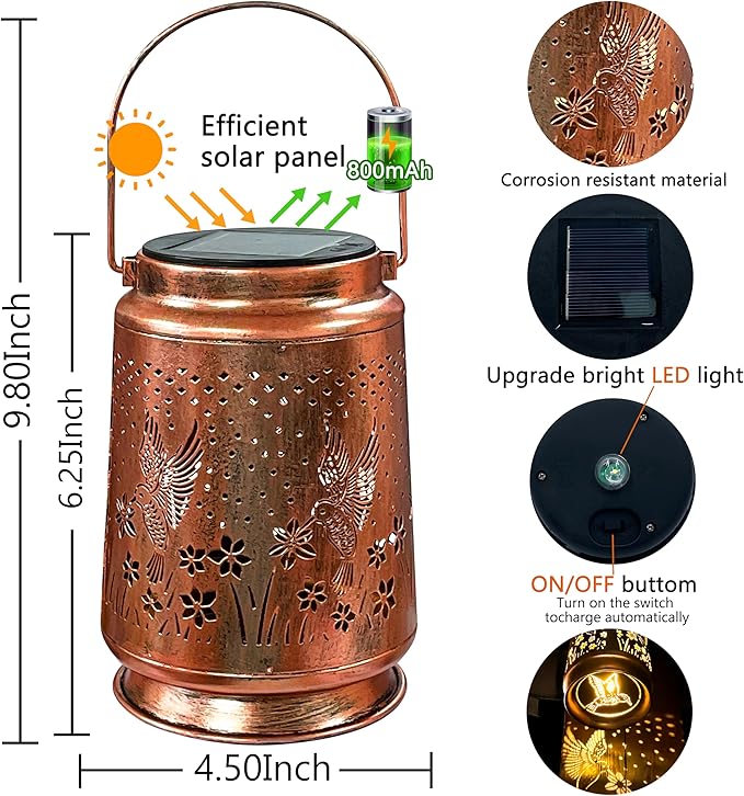 KY&BOSAM Solar Lanterns Outdoor Waterproof Hummingbird Garden Decor Birthday Gifts for Women Mom Grandma Hanging Solar Lights Outdoor Metal LED Lantern Outside for Yard Patio Backyard Porch Pathway