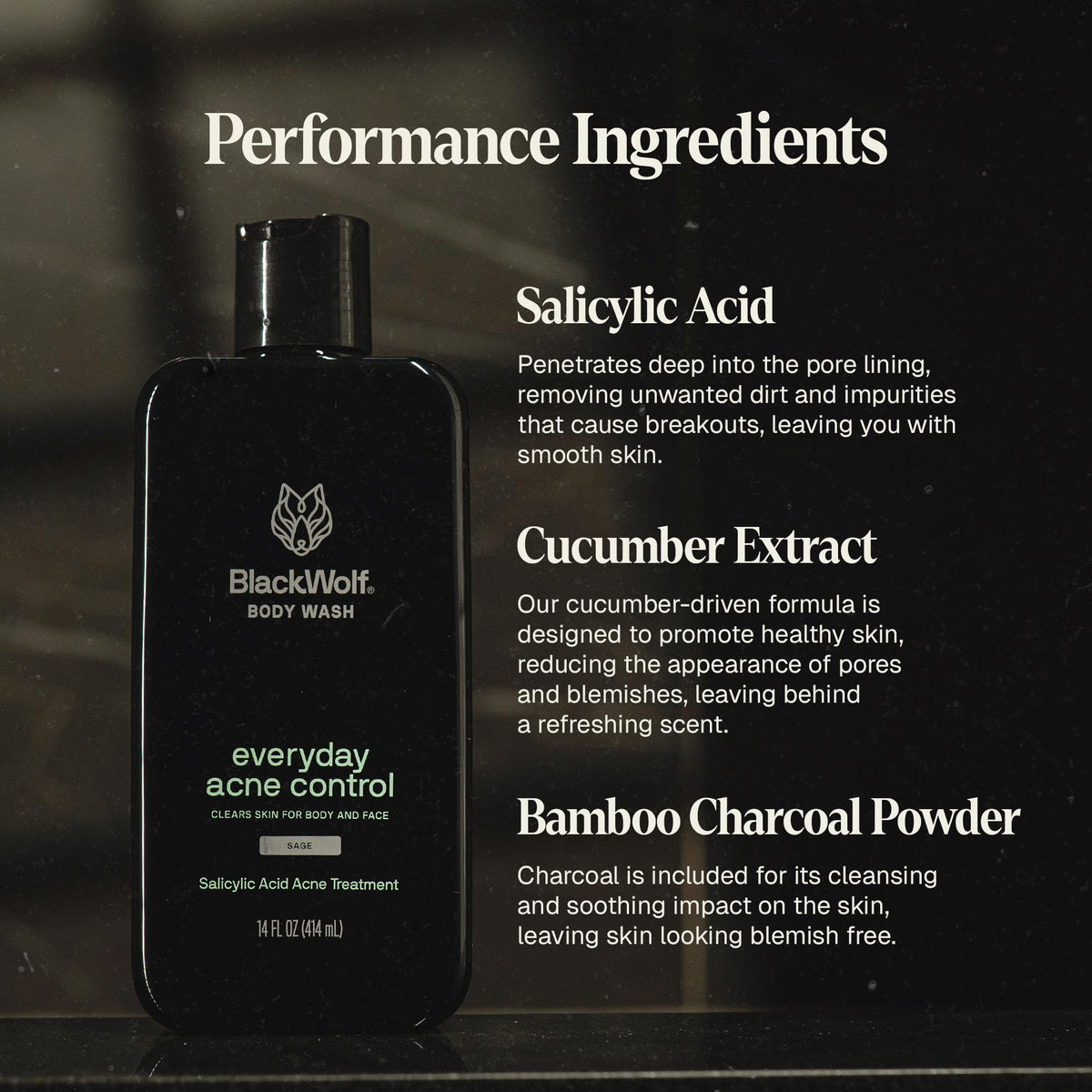 Black Wolf Salicylic Acid Body Wash for Men - Acne Face Wash, 14 Fl Oz