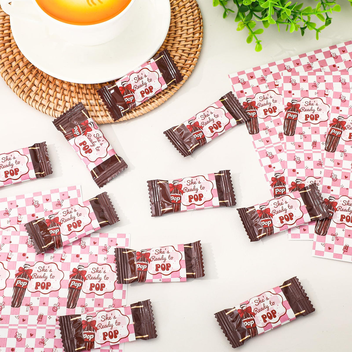 JarThenaAMCS 102Pcs She's Ready to Pop Candy Wrappers Baby Shower Chocolate Bar Wrappers Red Pink Soda Label Stickers for Gender Reveal Party Favors