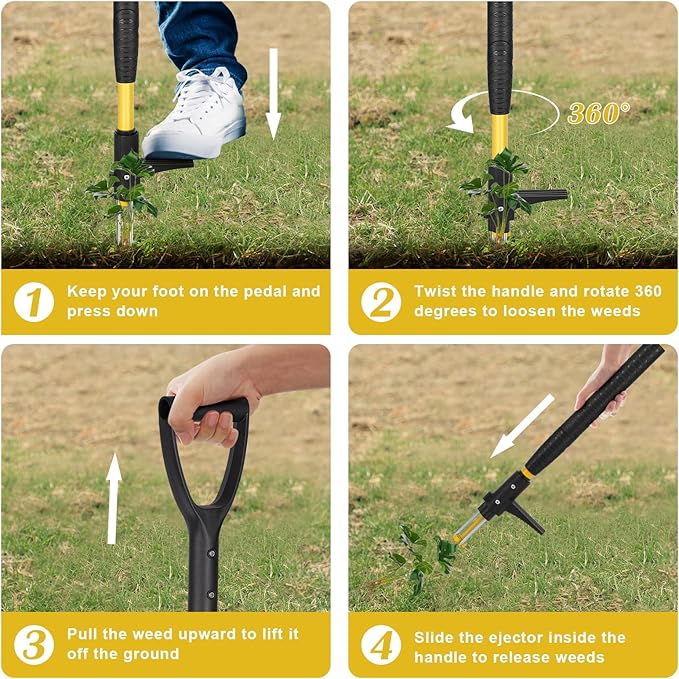 39" Stand Up Weed Puller Tool - Heavy Duty Detachable 3-Claw Weeder with Ergonomic Long D-Handle | Tools for Effortless Garden Weed Removal (Dandelions, Thistles & More)