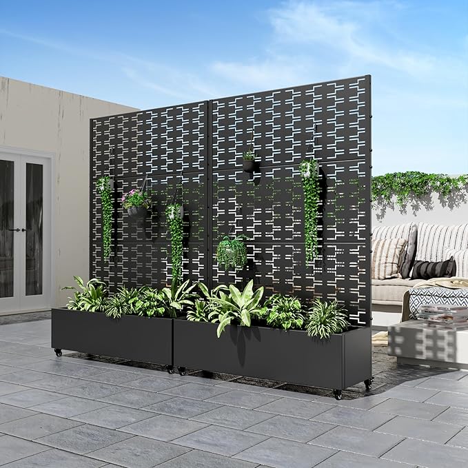 Casaphoria Metal Raised Garden Bed with Trellis and Wheels, 47"x47"x16" Planter Box for Climbing Plants, Vegetables & Vines, Features Drainage Holes and Privacy Screen, Black-Square