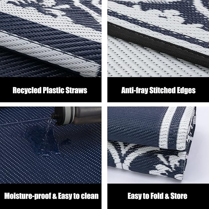 RV Outdoor Rug Waterproof Mat 9'x12' Camping Carpet Blue Outside Area Rugs Reversible Rugs for Deck Entryance Porch Picnic Balcony Beach