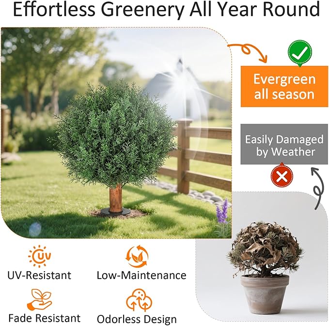 Artificial Cedar Topiary Ball Trees with Ground Spike, 24.6 inche Tall UV-Resistant Fake Outdoor Plants Evergreen Shrubs, Realistic Faux Pine Bushes for Front Porch Home Patio Garden, Set of 4