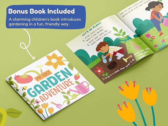 Gardening Set, Tool Kit, for Kids, STEM, Includes Tote Bag, Spade, Watering Can, Rake, Fork, Trowel and Gloves (Petal)