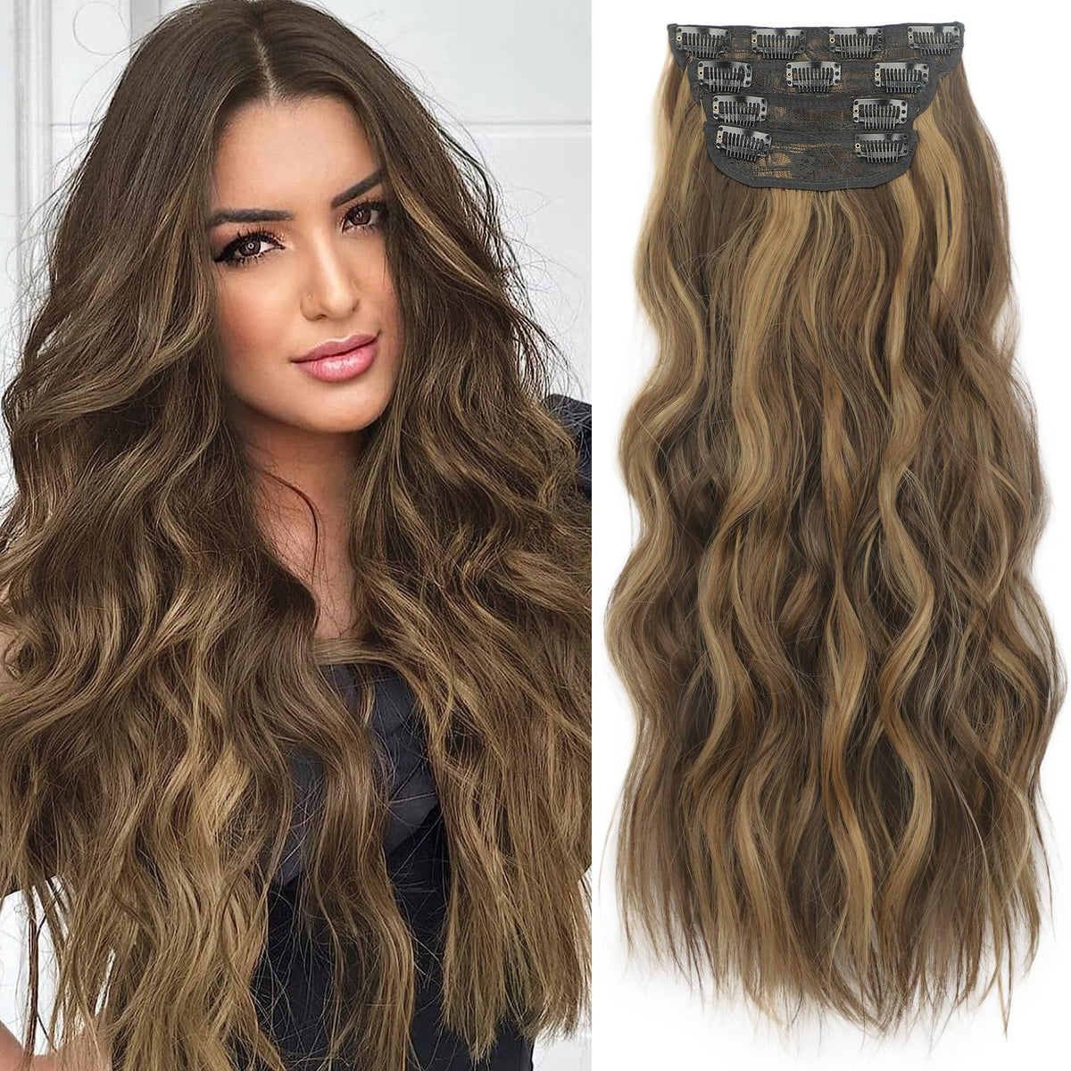 Kookastyle Clip In Synthetic Highlight Hair Extensions Long Wavy 4Pcs Thick Hairpieces Balayage Chocolate Brown To Caramel Blond