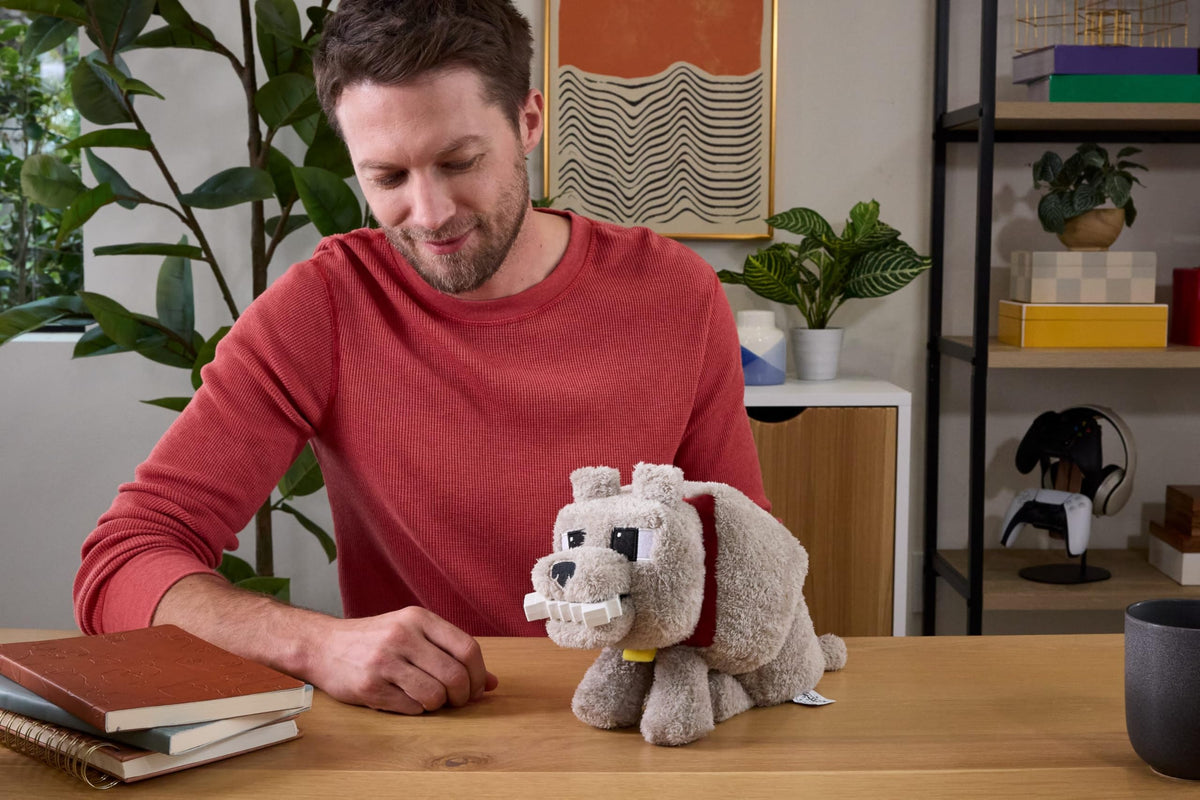Mattel Minecraft Dennis the Wolf Plush Toy with Sound and Feeding Action