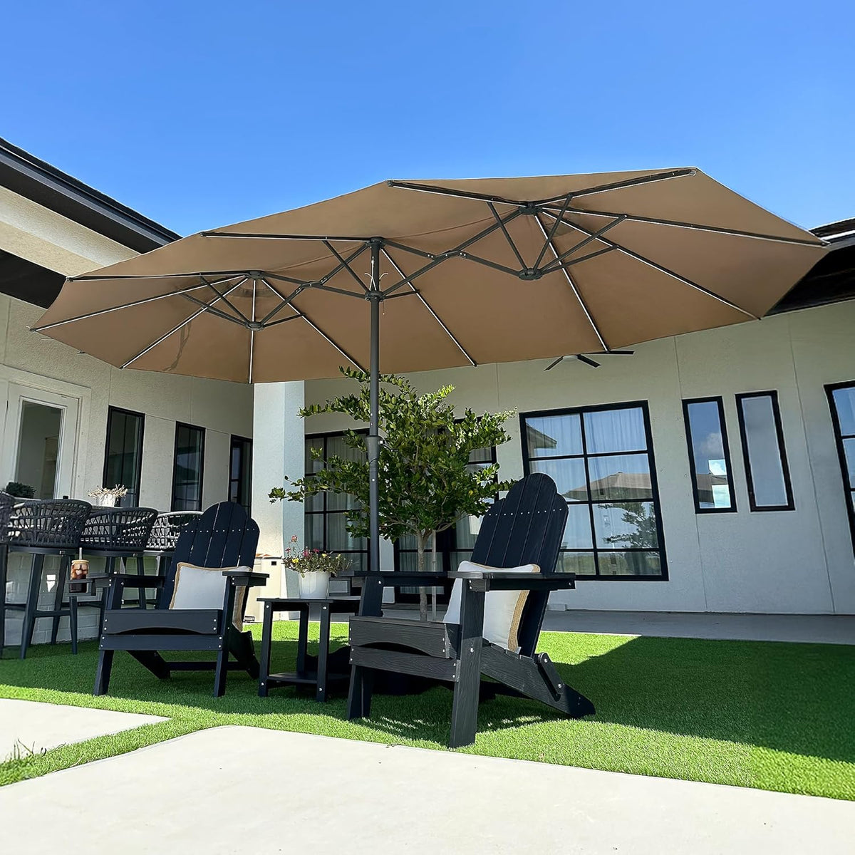PURPLE LEAF 15ft Double-Side Patio Umbrella with Base and Solar Lights Outdoor Market Umbrella with Crank Handle Rectangle Umbrella for Backyard Pool Garden Deck, Taupe