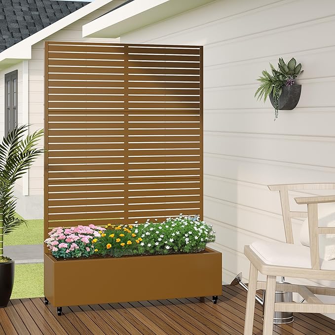 Casaphoria Metal Raised Garden Bed with Trellis and Wheels, 72"x47"x16" Planter Box for Climbing Plants, Vegetables & Vines, Features Drainage Holes and Privacy Screen (Brown-Louvered)