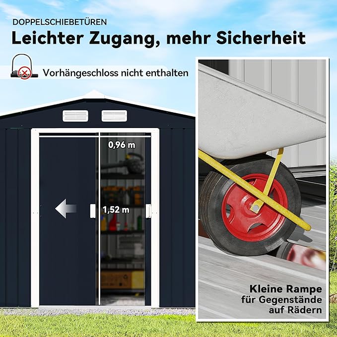 Outsunny 9' x 6' Outdoor Storage Shed, Garden Tool Metal Shed with Foundation Kit, Double Lockable Door, Air Vents and Sloping Roof, for Backyard, Patio, Lawn, Dark Gray