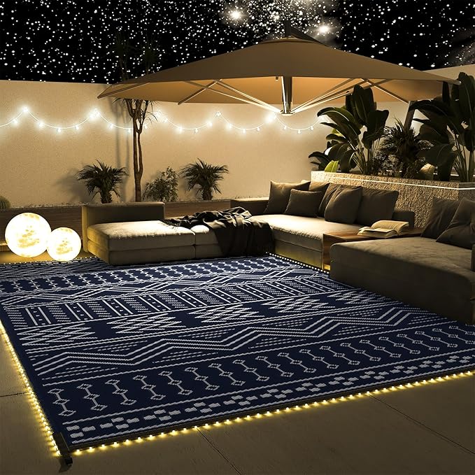 Outdoor Rug Carpet Waterproof 8x10 ft with LED Strip Lights-Patio Rug Mat Indoor Outdoor Rug for RV Camping Picnic Reversible Lightweight Plastic Straw Outside Rug for Patio Decor Decoration Boho Rug