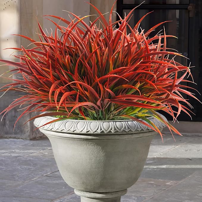 Uieke 12 Bundles Artificial Outdoor Plants UV Resistant Fake Grass Plants Faux Plastic Plants Greenery Shrubs for Home Garden Pathway Window Box Front Porch Cemetery Fall Decor, Autumn Red