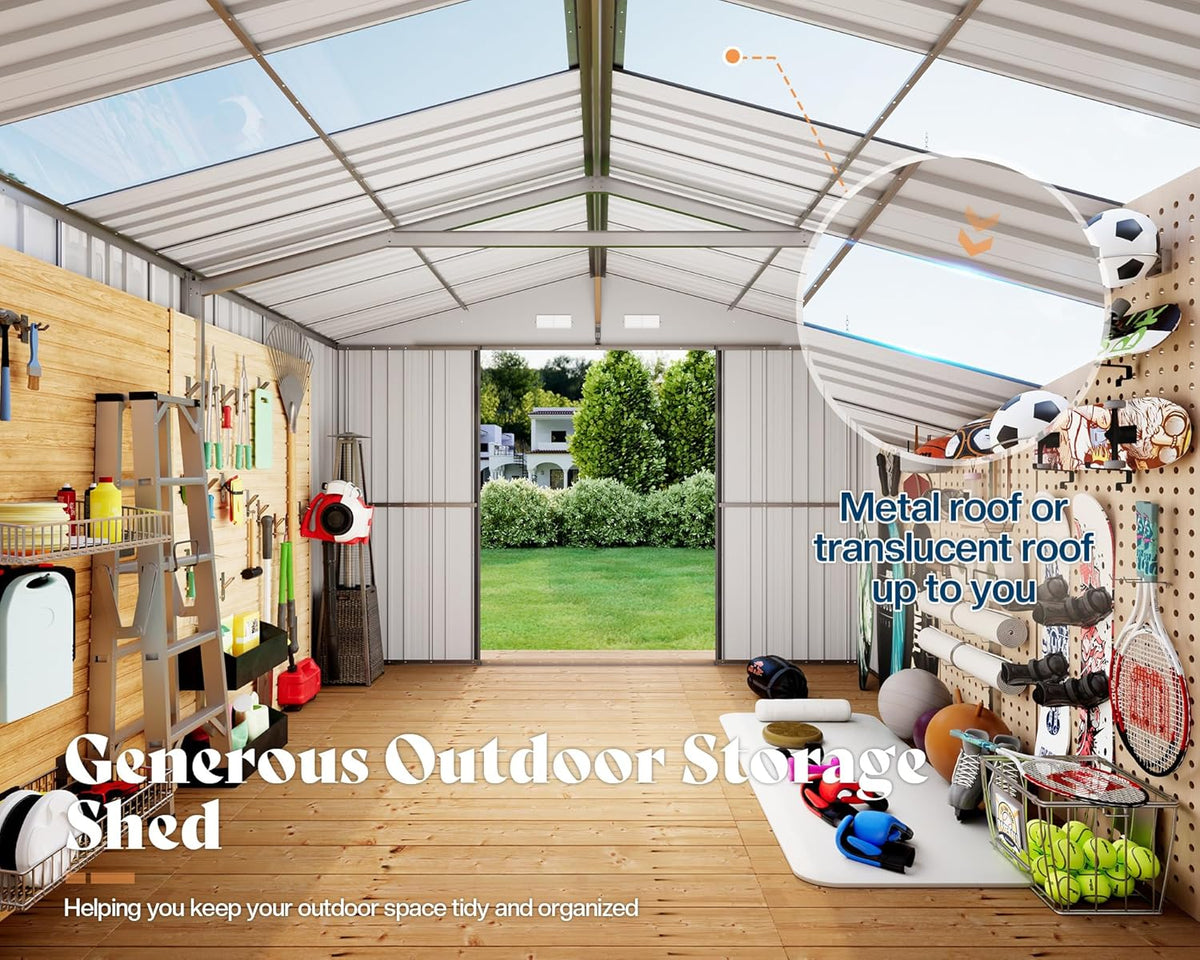 AMERLIFE 10.1x11.5x7.4 FT Galvanized Steel Storage Shed with Dual Transparent Panels, 2 4-Pane Windows & Hinged Double Doors, Outdoor Shed for Backyard, Patio, Garden, Dark Grey