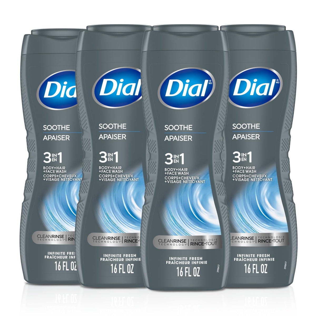 Dial Men 3 in 1 Body, Hair and Face Wash, Soothe, 16 Fl Oz, 4-Pack