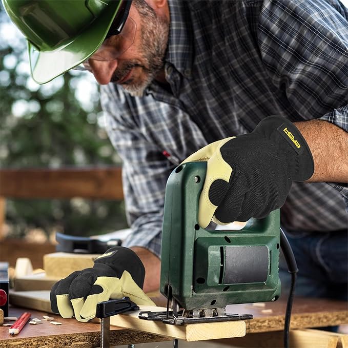 HANDLANDY Leather Work Gloves for Men & Women, Reinforced Durable Garden Gloves, Cowhide Working Glove for Gardening