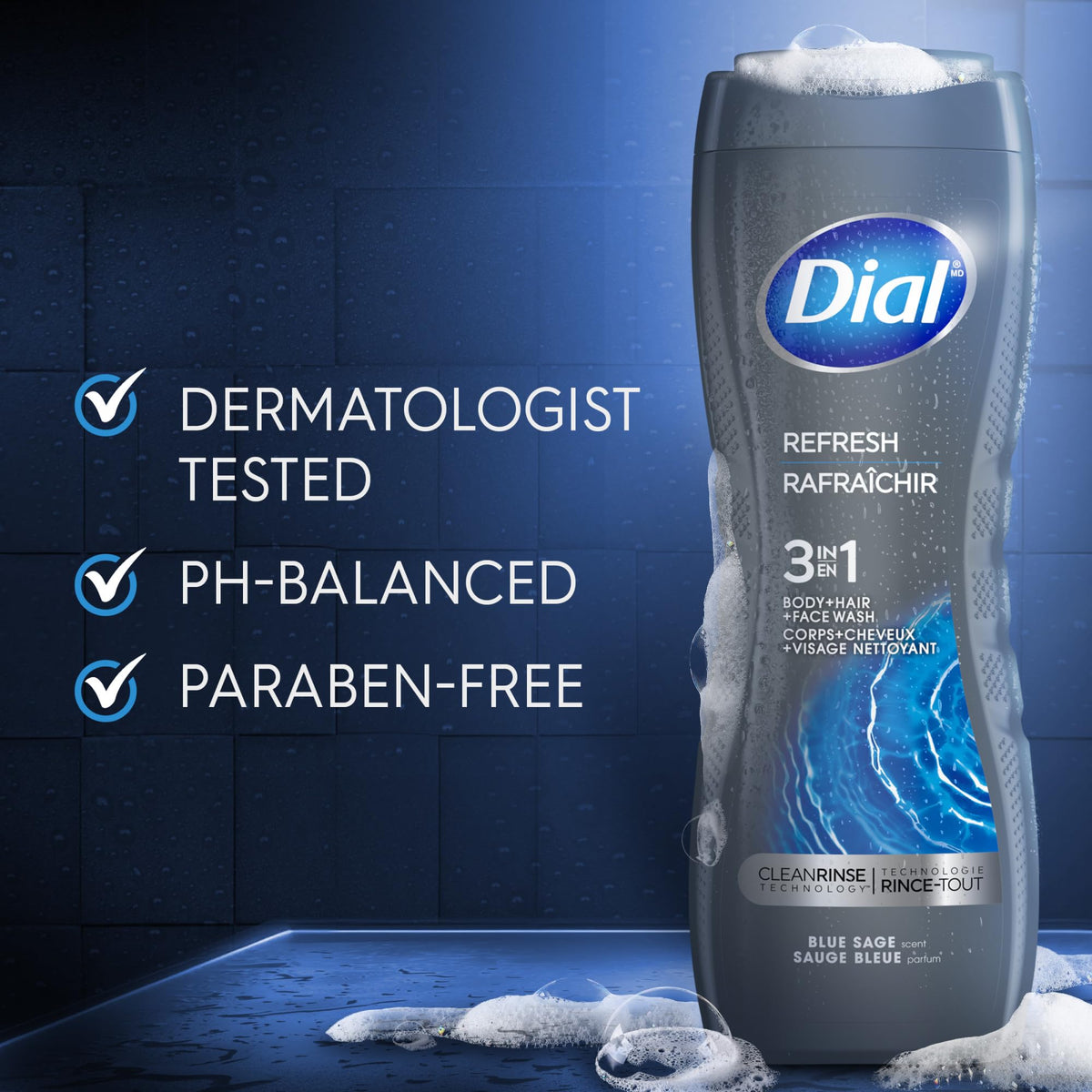 Dial Men 3 in 1 Body, Hair and Face Wash, Refresh, 16 fl oz, 4 count
