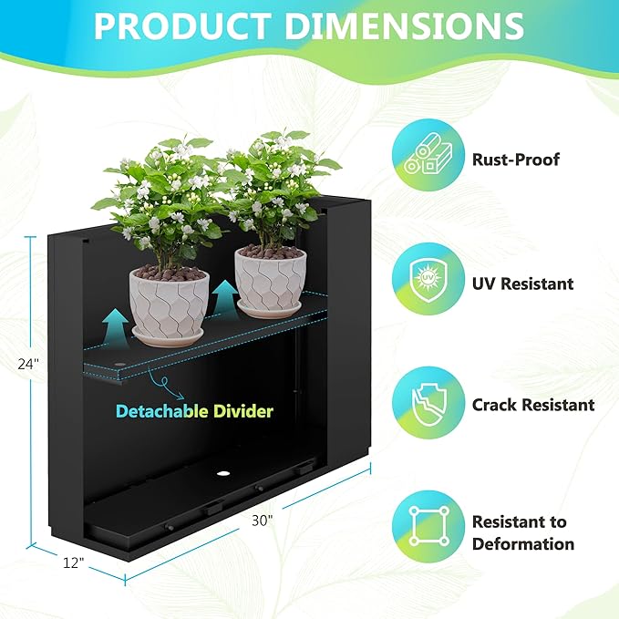 FENCY Metal Planter Box, Large Rectangular Planters for Outdoor Plants, Outdoor Tall Planters with Drainage Holes, Black Metal Planters (30" L x 12" W x 24" H)