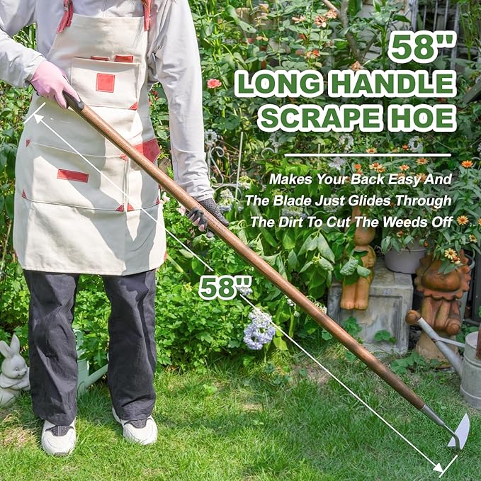 Haliaeetus Sickle Hoe, 58'' Long Handle Japanese Hand Hoe for Standing to Remove Weed, Stainless Steel Scraper Hoe, Bent Angle Weeding Sickle for Fastly Scraping Out Weed on Flower Bed, Between Plants