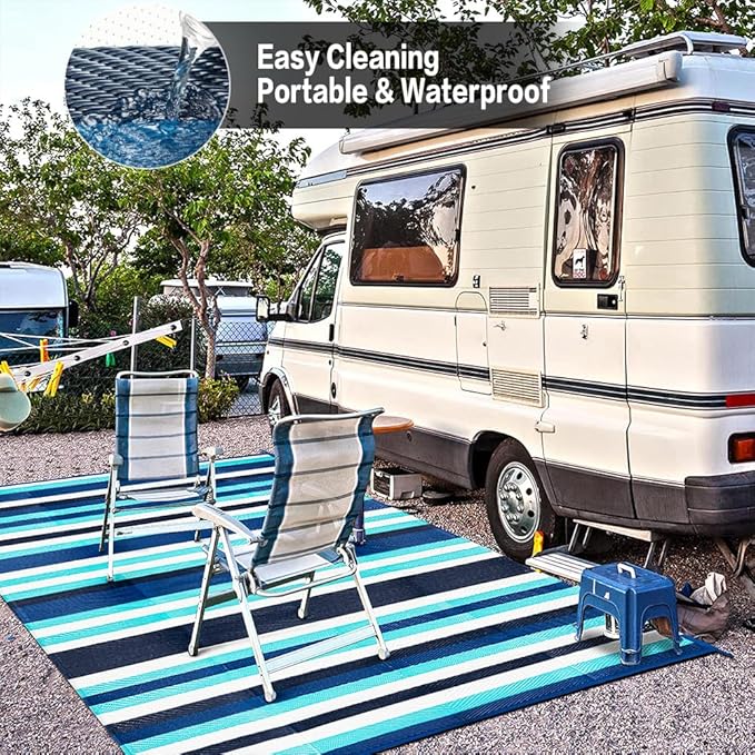 Outdoor Waterproof Rug 9'x12' Plastic Straw Rugs Washable Reversible Floor Mat Blue Stripe Carpet for Camping RV Deck Entryance Porch Picnic Balcony Beach Backyard