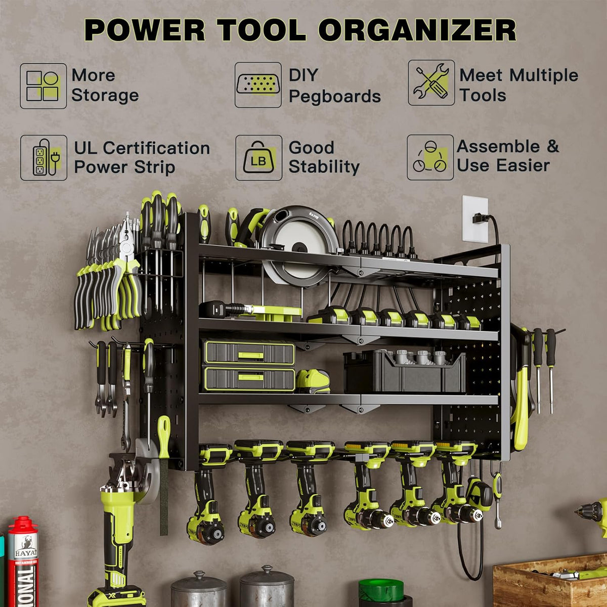 Power Tool Organizer Wall Mount with Charging Station 4 Layer 6 Slot Cordless Drill Holder with Angle Grinder Holder (Black)