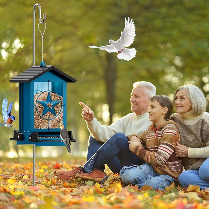 Squirrel Proof Bird Feeder for Outdoors Hanging, Metal Wild Bird Seed Feeder with Bilateral Weight-Activated Perches, 5LB Large Capacity Wild Bird Feeders for Outside Finch, Cardinal, Blue Jay