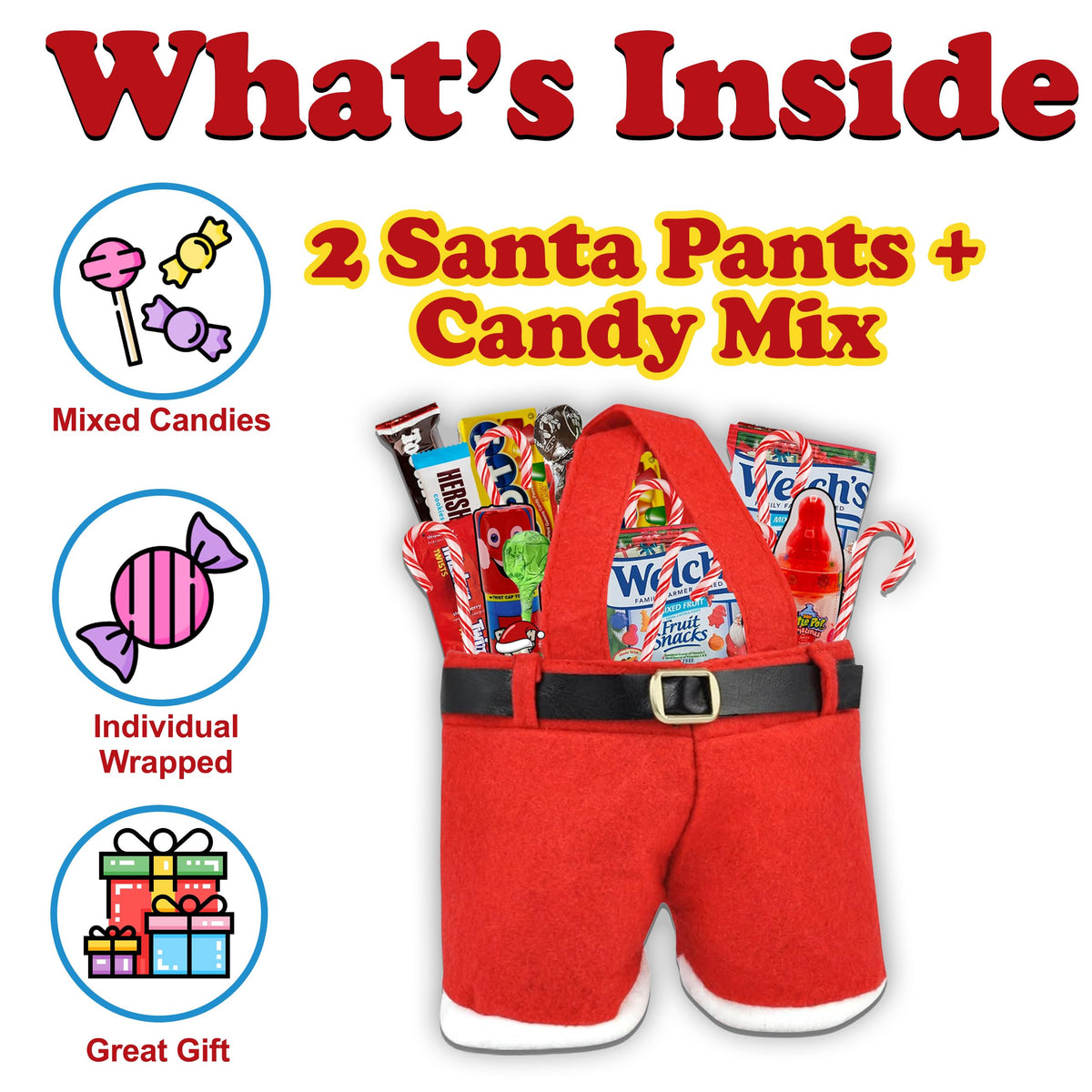 Christmas Candy Filled Santa Pants, 2 Count, Variety Assortment Prefilled Stocking Stuffers, Holiday Fruit Snacks, Candy Cane and More, Holiday Treats