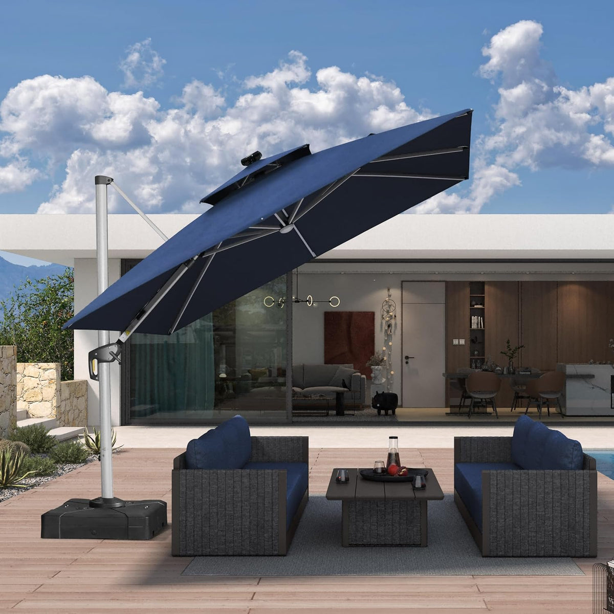 PURPLE LEAF 10' X 10' Solar Powered LED Patio Large Umbrella Offset Double Top Hanging Umbrella Outdoor Market Umbrella for Garden, Spectrum Indigo