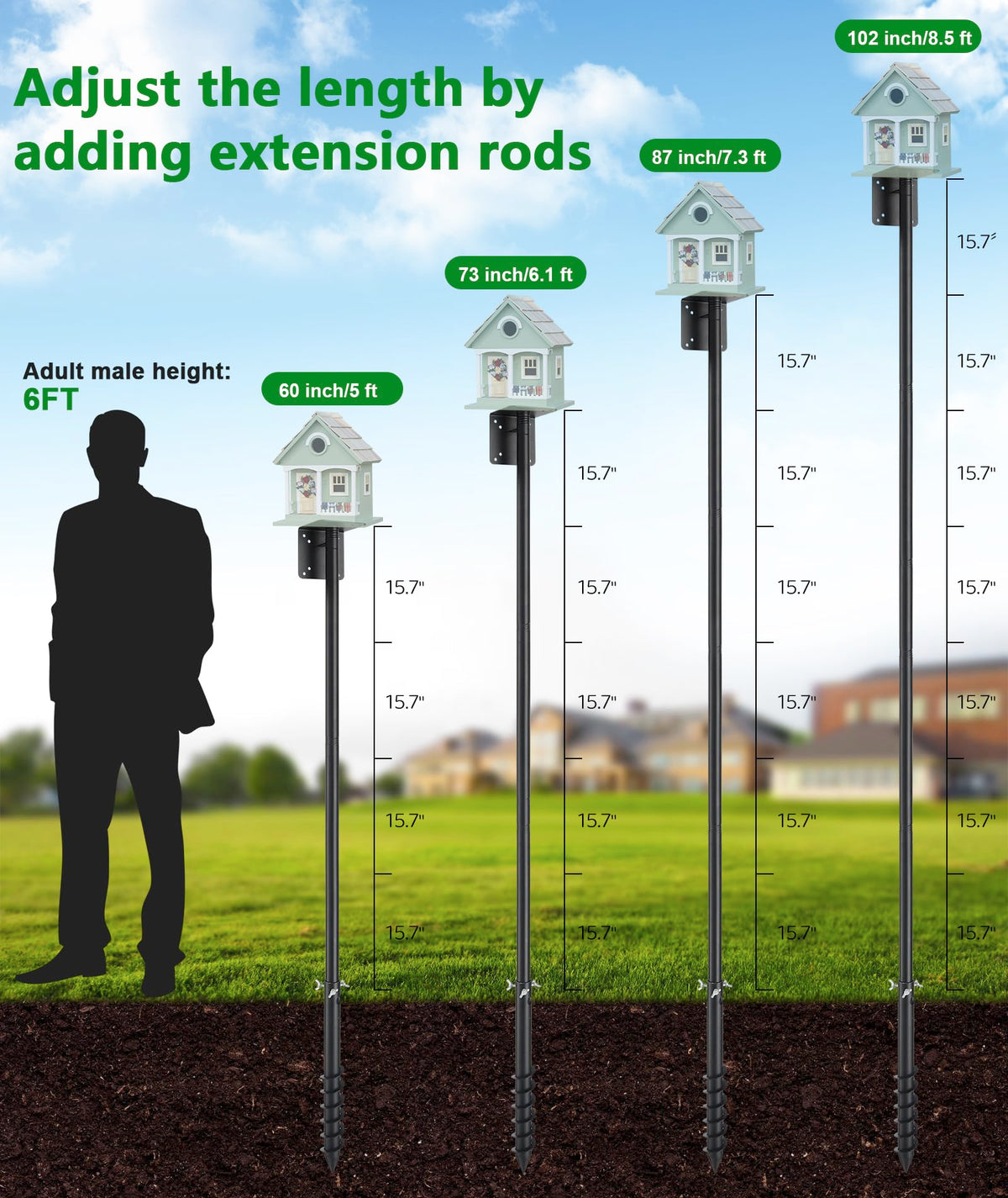Heavy Duty Bird Feeder Pole - 109 Inch Adjustable 1 Inch Metal Bird House Pole with 14” Deep Auger Base | Outdoor Mount Kit for Bluebird Houses, Hummingbird Feeders, Smart Bird Feeder with Camera