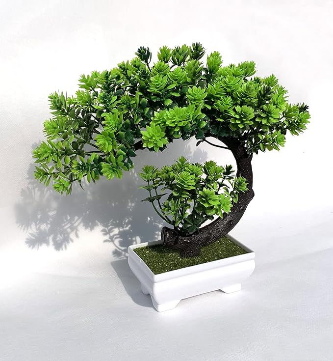Small Artificial Plants Greenery Desktop Bonsai - Green Plastic Fake Plants for Home Decor, Indoor Bookshelf, Office Desk and Bathroom Room Decor, Tall 8.5"