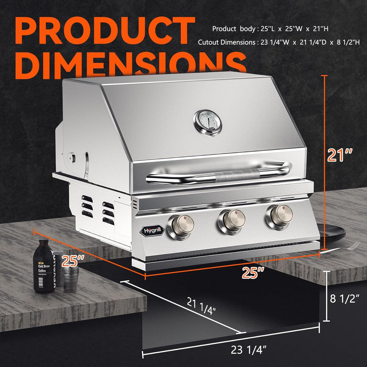 Hygrill Heavy Duty 3-Burner Built In Grill, Stainless Steel Grill Head for Outdoor Kitchen, Natural Gas