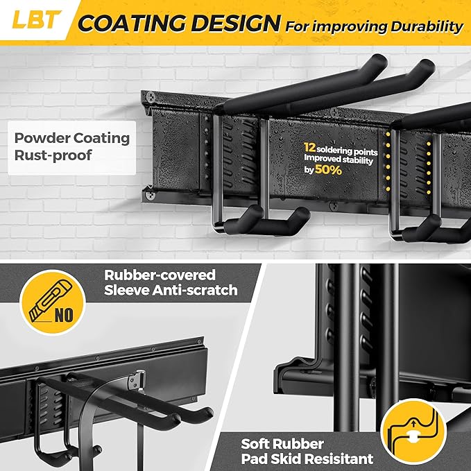 LBT 49.5"Garage Tool Organizer Wall Mount 500lbs Garden Tool Organizer for Garage with Adjustable Hooks,Heavy Duty Yard Tool Storage Rack, Anti-Rust Shed Rack Holder Hanging Rake Broom Mower Snowboard