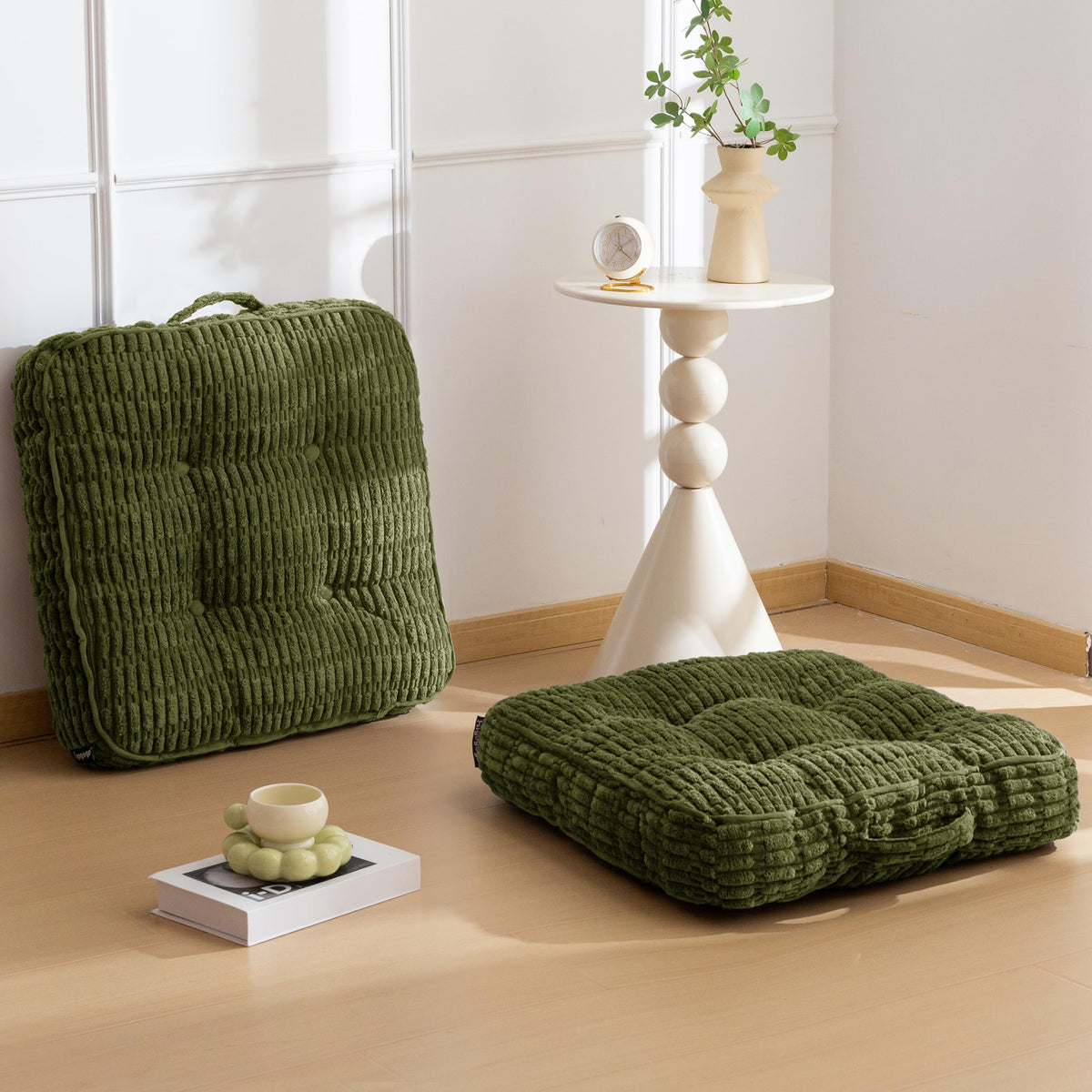 HIGOGOGO Floor Pillow Cushion for Adults, Meditation Cushion Pillow, Blended Corduroy Cover, Large Square Floor Sitting for Tatami Living Room or Yoga, 2Pack, Dark Green