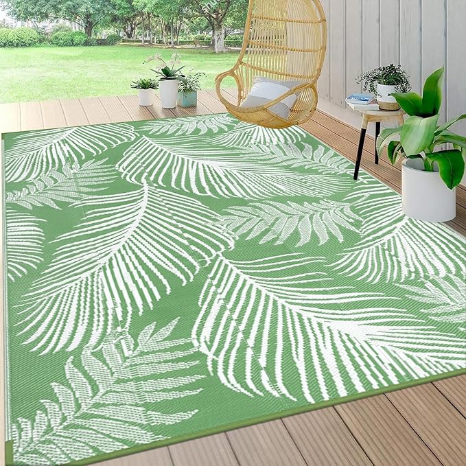 Pauwer Waterproof Outdoor Rug 6x9, Reversible Plastic Straw Patio Camping Rug, Indoor Outdoor RV Mat Carpet for Deck, Camper, Porch, Balcony, Backyard, Picnic, Leaf Green
