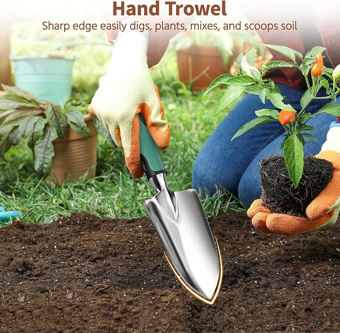 LASZOLA 3 Piece Garden Tool Set Include Hand Trowel Rake and Transplant Shovel for Women, Indoor Heavy Duty Small Spade Kit with Ergonomic Handle to Weed and Loosen, for Mom and Plant Beginner, Teal