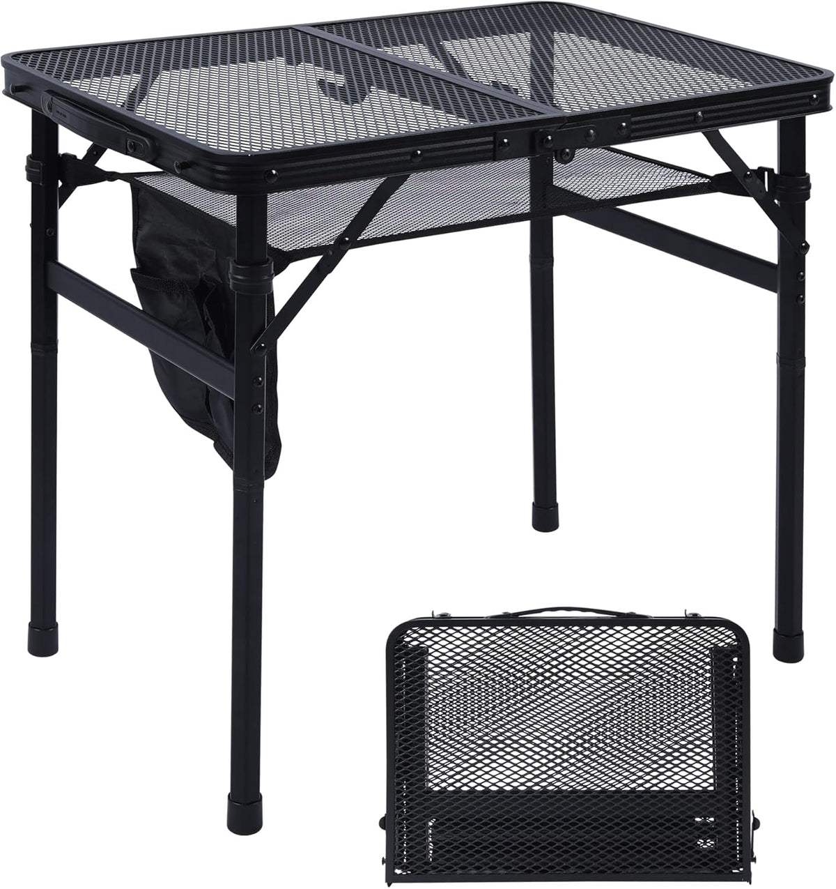 Camping Table, 2x1.3 FT Portable Folding Grill Table, Lightweight Height Adjustable Metal Tables with Mesh Desktop and Mesh Bag, Outdoor Tables for Camping, Picnic, Beach and BBQ, Black