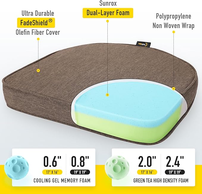 SUNROX Gel Memory Foam Chair Cushions, FadeShield Water-, Stain-Resistant Durable Reversible Seat Cushion Pads with Ties for Indoor/Outdoor Kitchen Dining Office 17"x16" Set of 4, Heather Chestnut