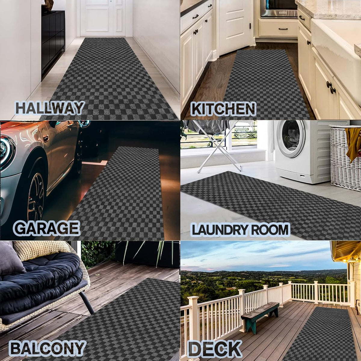 Custom Size Backed Non-Slip Area Rugs Runner, Easy Clean, Waterproof Runner Rugs for Hallway Entryway, Kitchen, Laundry, 2FT x 7FT, Gray Checkered