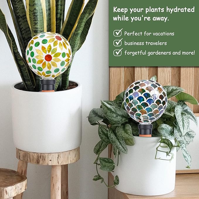 Plant Watering Globes Mosaic Self Watering Spikes 2 Pack for Indoor Outdoor Plants Automatic Plant Waterer Plant Watering Devices for Vacations Pot
