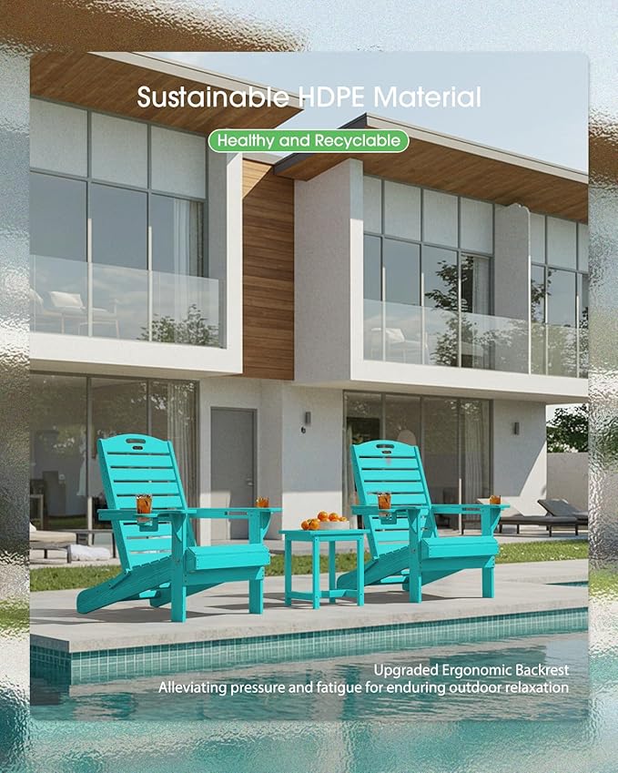 Folding Adirondack Chair HDPE All-Weather Adirondack Chairs with Cup Holder, Outdoor Fire Pit Chairs Lawn Chair for Deck Patio Garden (Lakeblue)