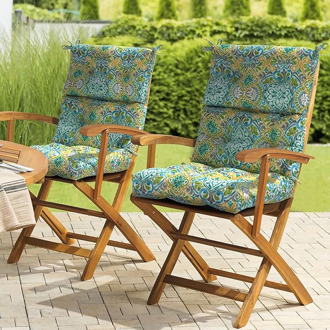 LVTXIII Outdoor Seat/Back Chair Cushion Patio Tufted High Back Cushion, Seasonal Replacement Rocking Chair Cushion with Ties (22” W x 20D”, Set of 2, Damask Green)